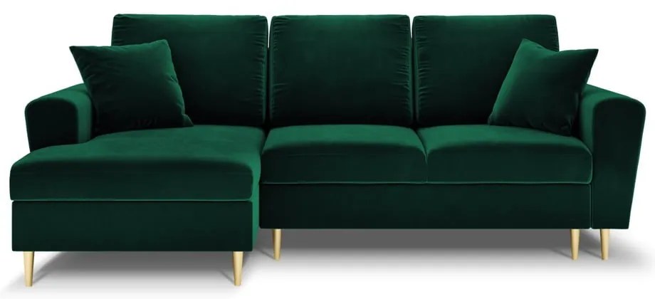 Zielony aksamitny rozkładany narożnik ze schowkiem (lewostronny/z szezlongiem) Kyoto – Cosmopolitan Design