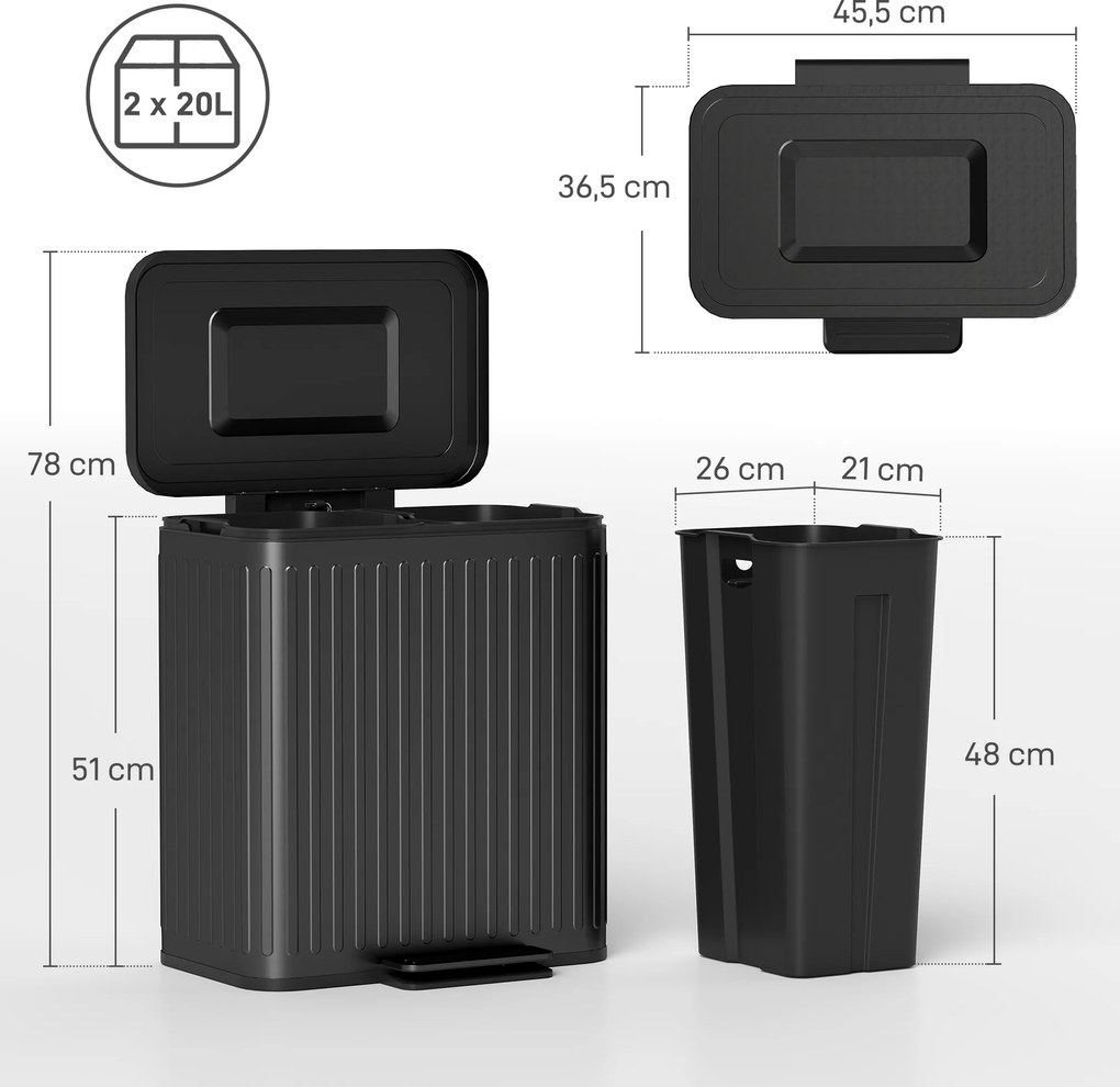 HOMCOM Kosz kuchenny, 2 x 20 L, efektywne sortowanie odpadów, pedałowy, tworzywo sztuczne, metal, czarny | Aosom PL