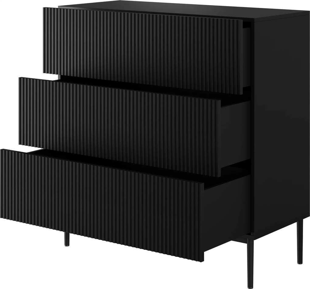 Komoda Nicole 100 cm z szufladami z ryflowanym frontem - czarny mat / czarne nóżki