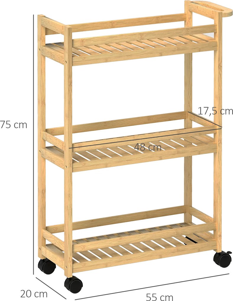 HOMCOM Wózek Serwisowy, 3 Poziomy, Półki Listwowe, Zabezpieczenie przed Wypadaniem, Bambus, 55 x 20 x 75 cm