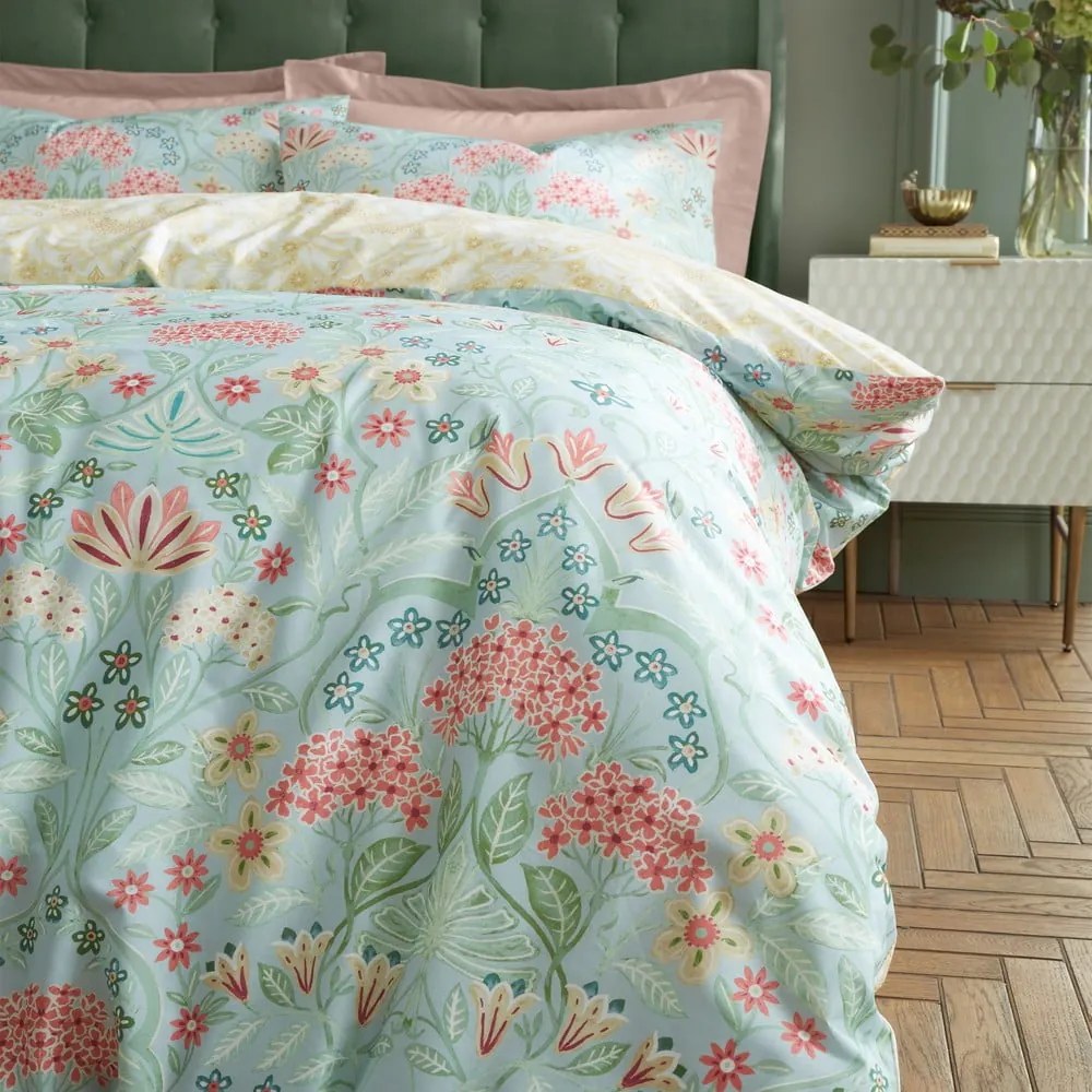 Żółto-zielona bawełniana pościel dwuosobowa 230x220 cm Art Deco Hydrangea – RHS