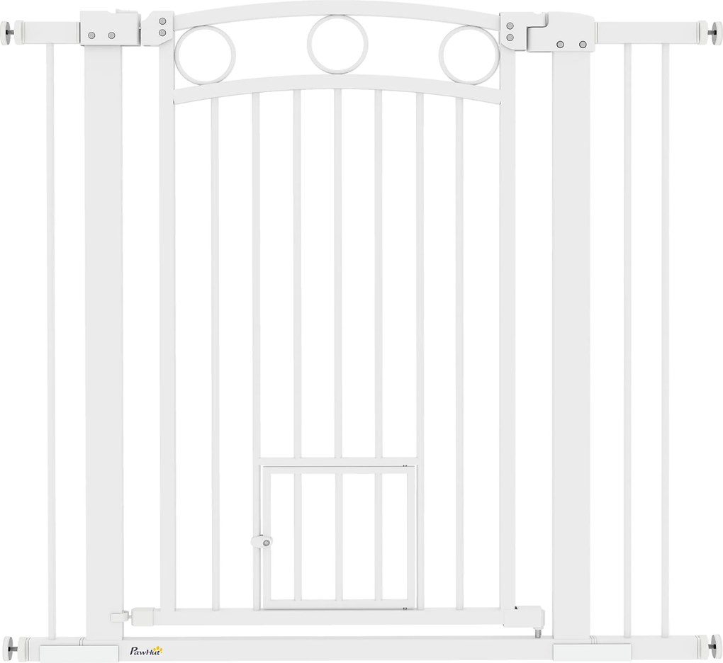 PawHut Brama dla Zwierząt Domowych, 96 cm Barierka na Schody, Regulowana Szerokość 76-104 cm, z Drzwiczkami dla Kota, na Schody i Przejścia Drzwiowe, Biały