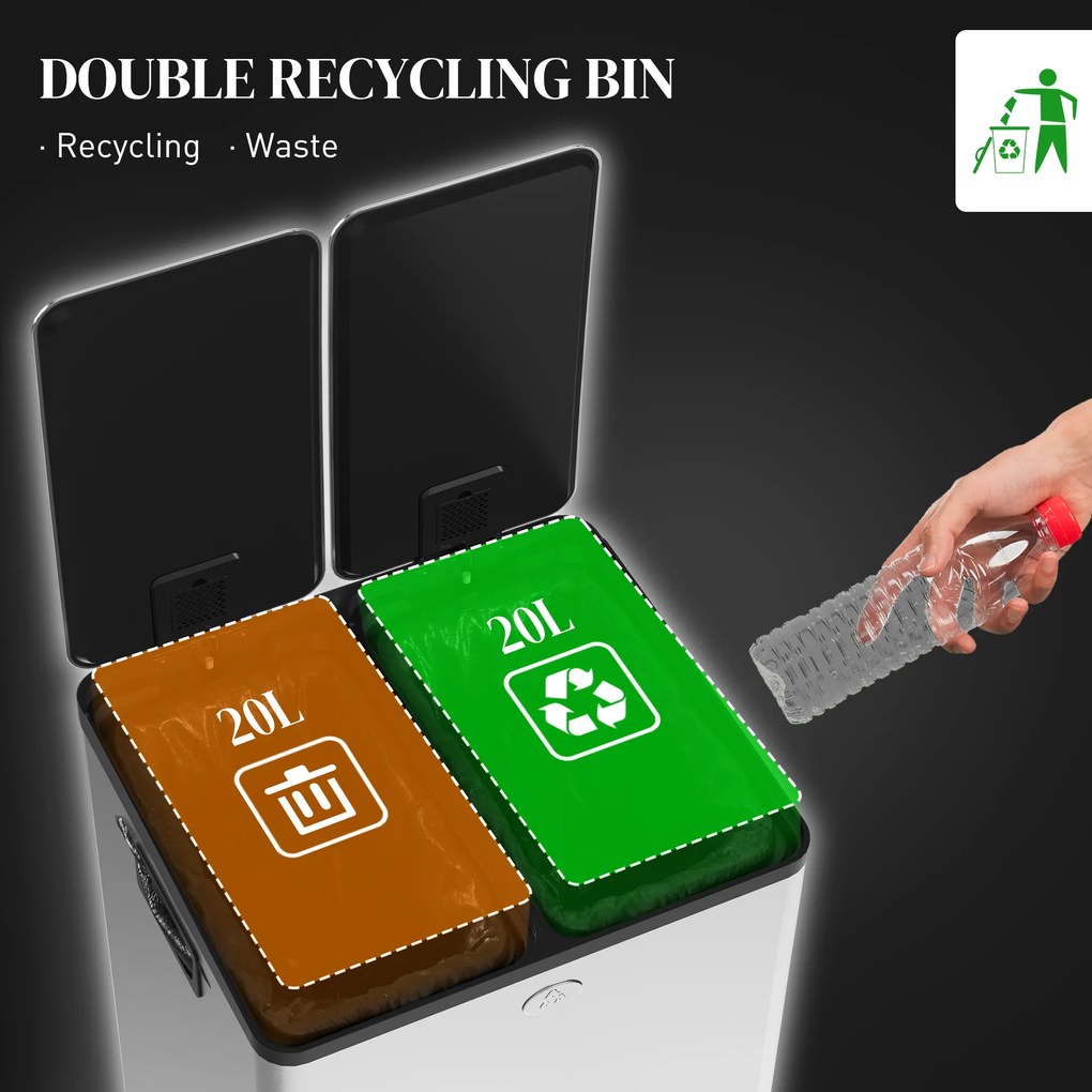 HOMCOM 2 x 20 L podwójny kosz na śmieci, otwieranie pedałem, łatwe czyszczenie, stal nierdzewna, plastik, srebrny | Aosom PL