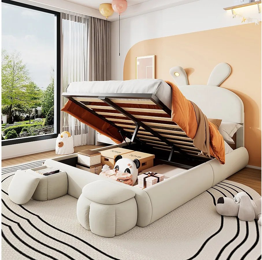 Łóżko podwójne ze schowkiem - 140 x 200 cm - z 2 stołkami ze schowkiem - uszy królika z diodami LED - aksamit - białe