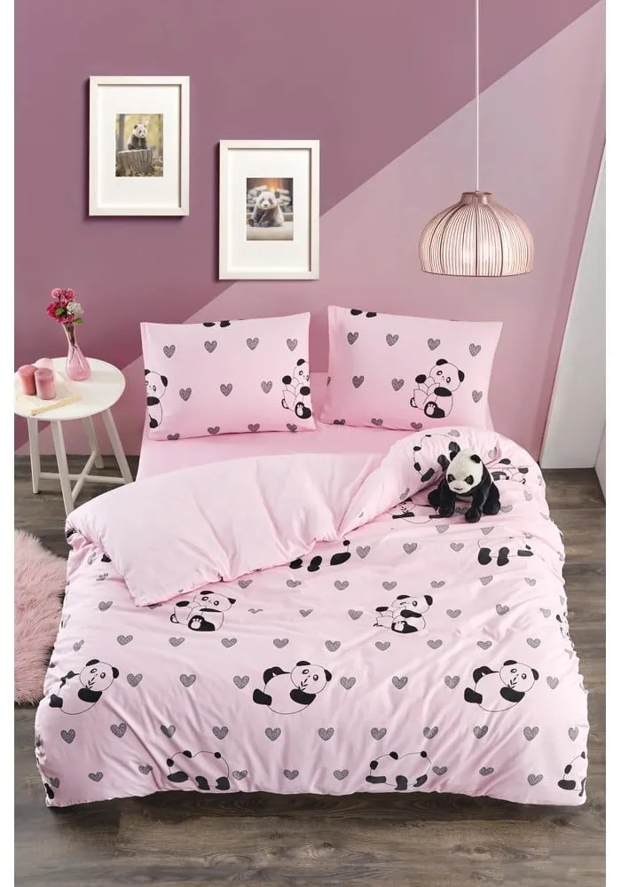 Różowa pościel jednoosobowa z prześcieradłem/3-częściowa 160x220 cm Panda – Mila Home
