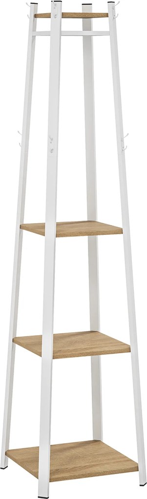 HOMCOM Wieszak na ubrania, design trapezowy, trzypoziomowy, 8 podwójnych haczyków, stalowy, Biały+Dąb