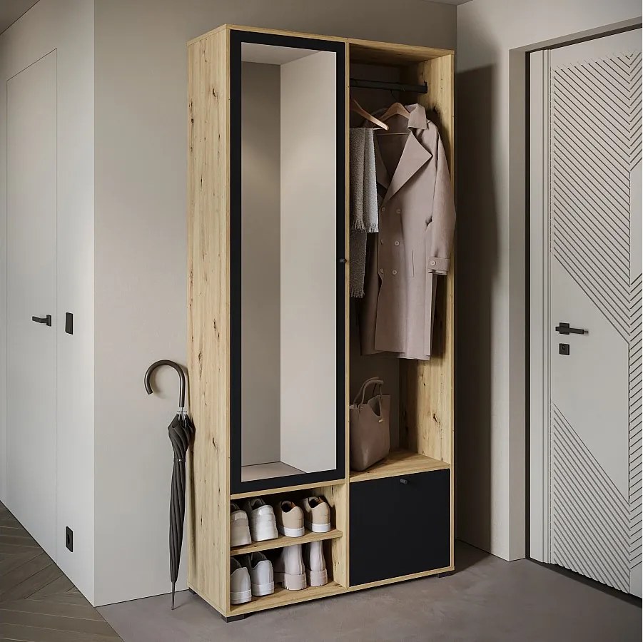 Nowoczesna garderoba 90 cm szafa do przedpokoju z lustrem półkami i drążkiem mat artisan czarny grafit