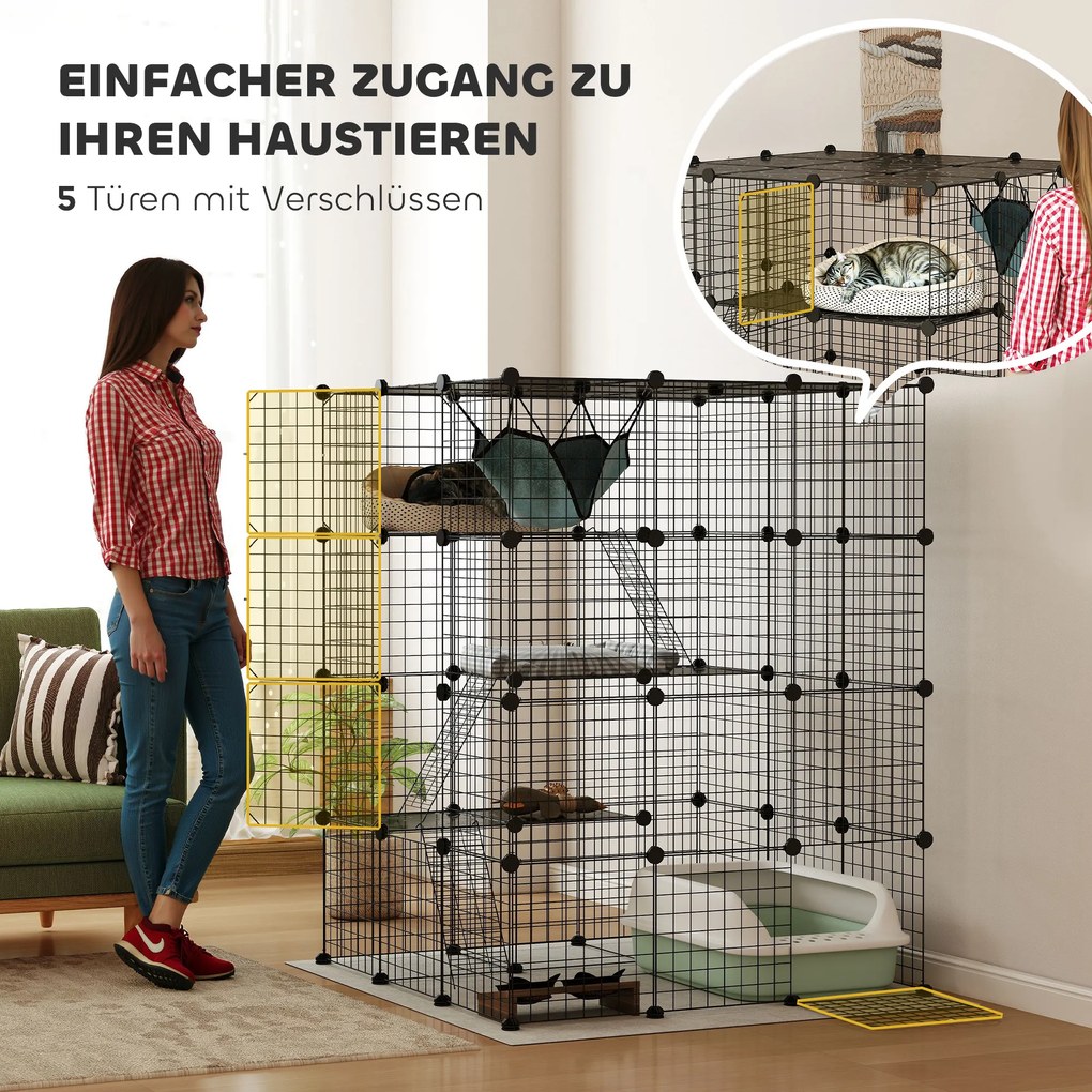 PawHut Klatka dla kota wewnętrzna 4-piętrowa DIY wybieg z gęstą siatką, huśtawką, rampą, drzwiami, platformami do skakania