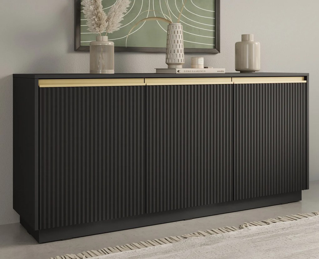 Trzydrzwiowa komoda ryflowana Royal K154, kolor czarny