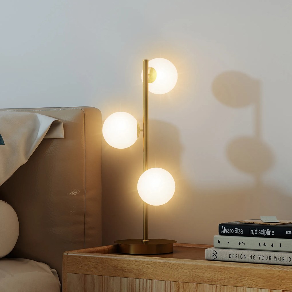 HOMCOM Lampa stołowa z 3 kulistymi kloszami, z solidną stalową podstawą, oprawki G9, 24 x 24 x 53 cm, mosiężny