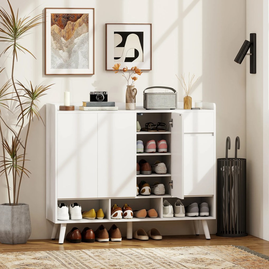 HOMCOM Szafka na buty z bezuchwytowym designem, 4 drzwi, 4 regulowane półki, wolnostojący regał na buty z 5 drewnianymi nogami, drewno, Biały