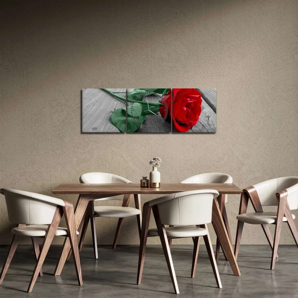 Obraz - Czerwona róża z zieloną łodygą (z zegarem) (90x30 cm)