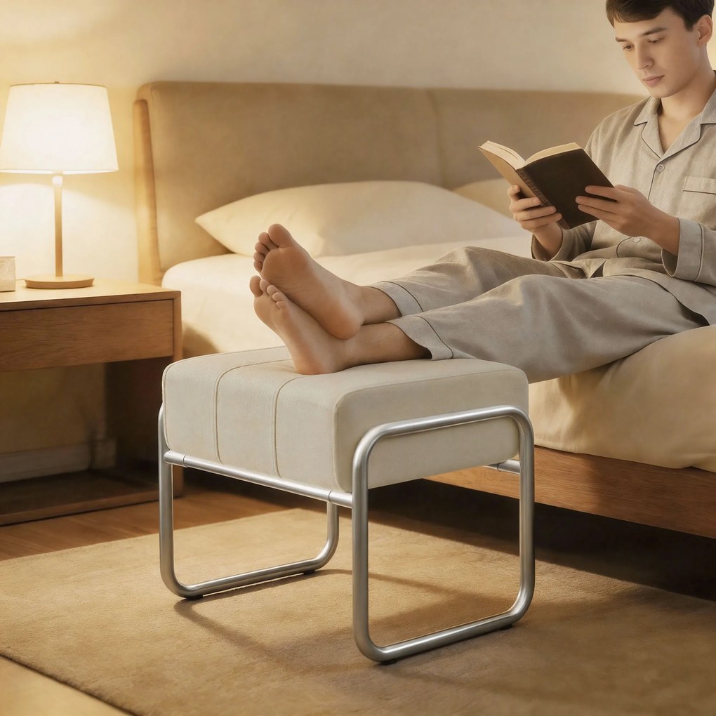 HOMCOM Podnóżek Pufa Grubo tapicerowana z tkaniną chenille i nogami stalowymi do sypialni, beżowy | Aosom PL