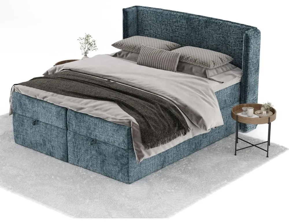 Niebieskie łóżko boxspring ze schowkiem 160x200 cm Passion – Maison de Rêve
