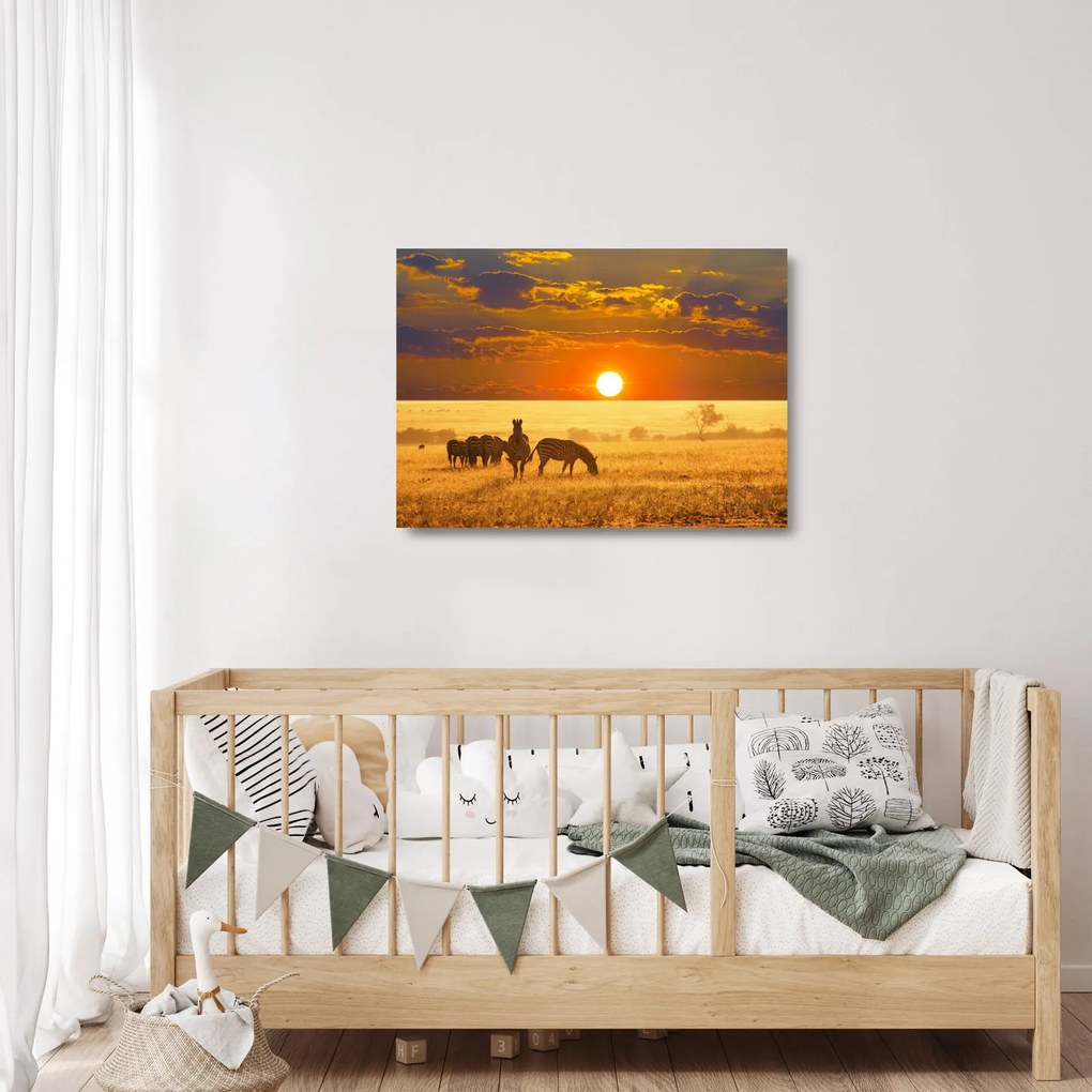 Obraz na szkle - Zebry z zachodem słońca (70x50 cm)