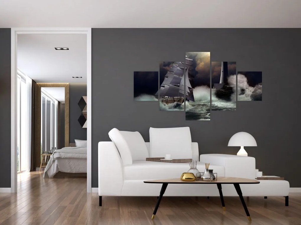 Obraz - Statek płynący przez wzburzone fale (125x70 cm)
