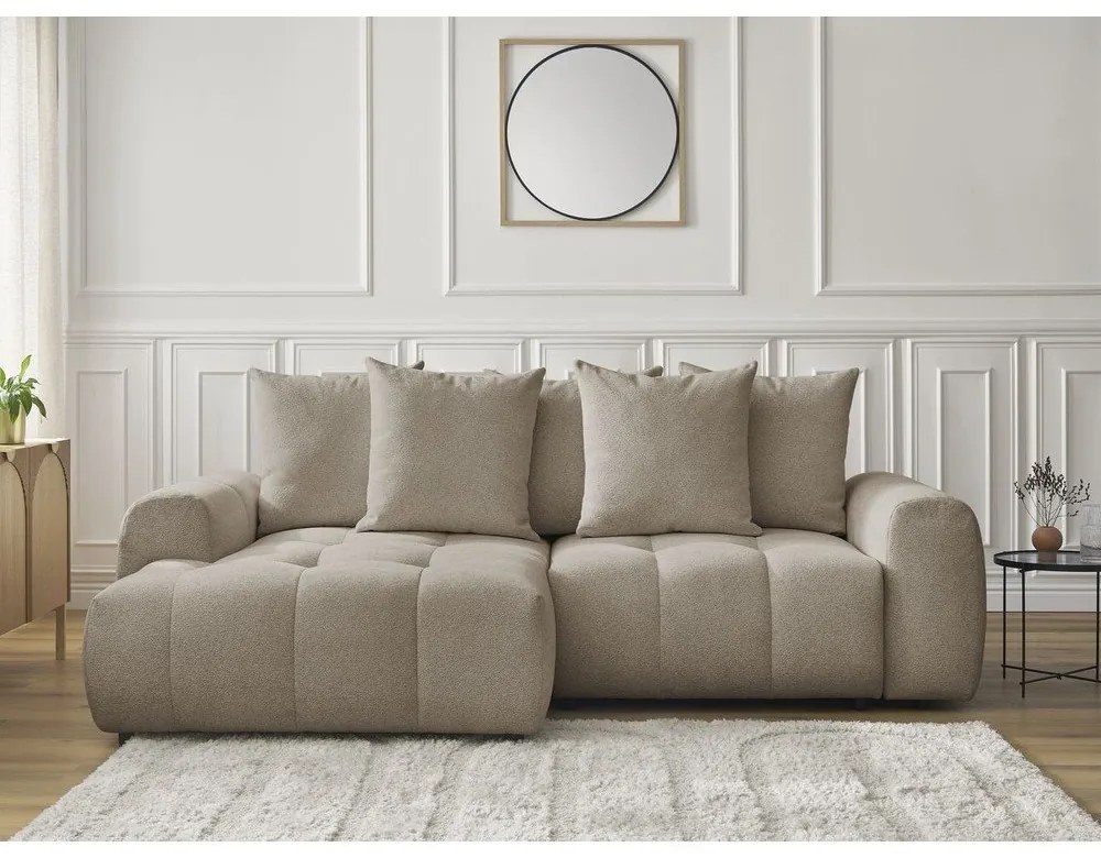 Beżowy rozkładany narożnik z tkaniny szenilowej ze schowkiem (lewostronny/z szezlongiem) Roxelane – Bobochic Paris