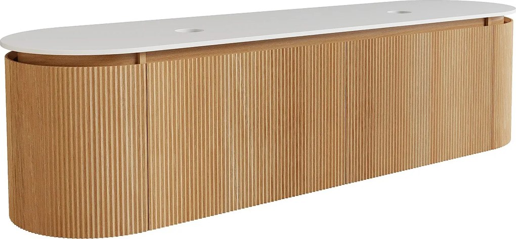 Wisząca szafka podumywalkowa ryflowana z drewna jesionowego z blatem z matowego spieku kamiennego – Jasny naturalny – S180 cm – LILIKO
