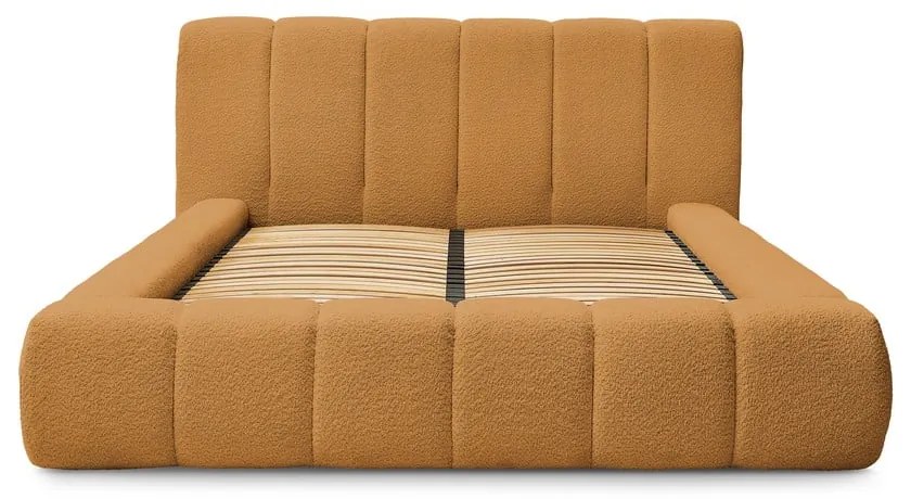 Musztardowe tapicerowane łóżko dwuosobowe ze schowkiem i stelażem 140x190 cm Denali – Bobochic Paris