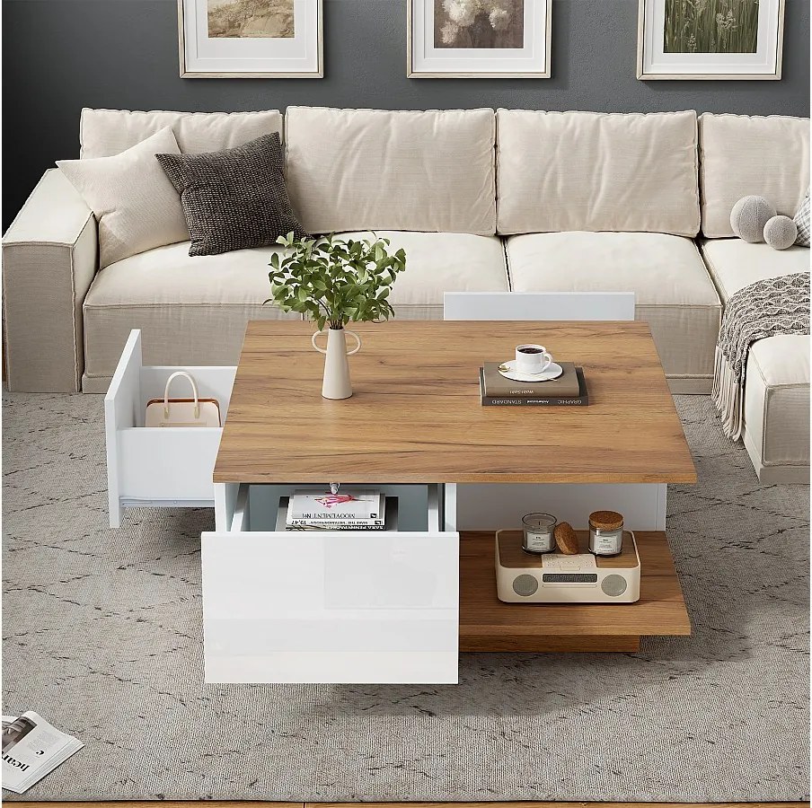 Stolik kawowy błyszczący - 70 x 70 x 31,5 cm - z 3 szufladami - stolik kawowy - płyta wiórowa - biały