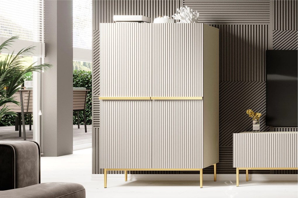 Komoda wysoka Nicole 100 cm dwudrzwiowa z ryflowanym frontem - kaszmir / złote nóżki