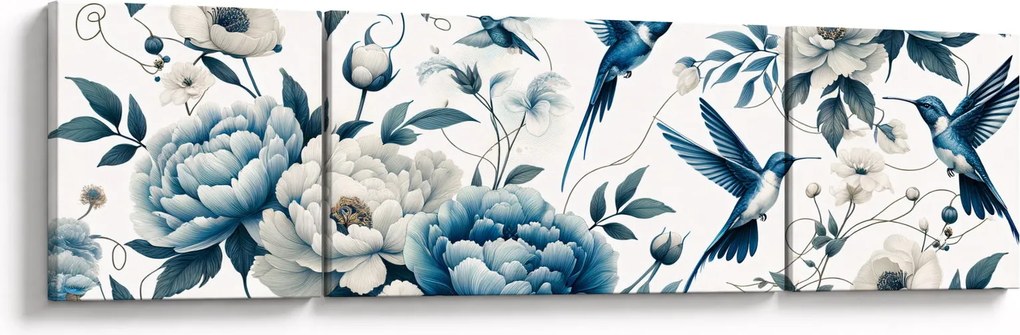 Obraz - Kolibry z kwiatami (170x50 cm)