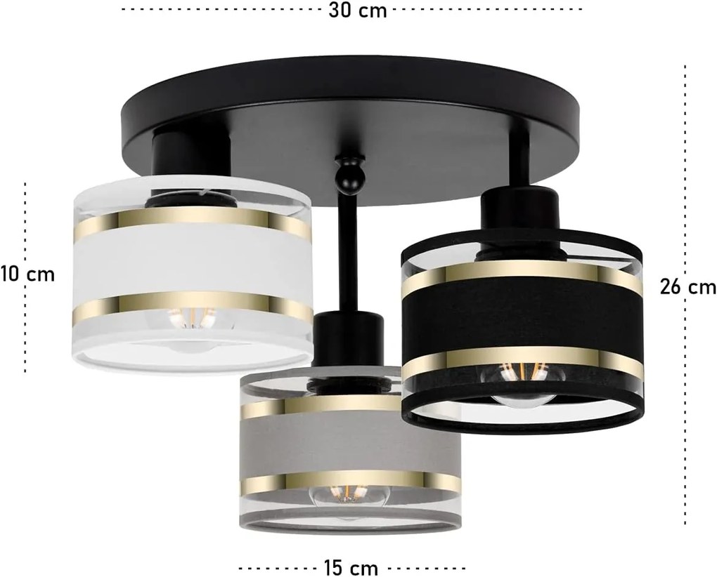 Lampa sufitowa czarna trzypunktowa z szaro-czarno-białymi abażurami T-