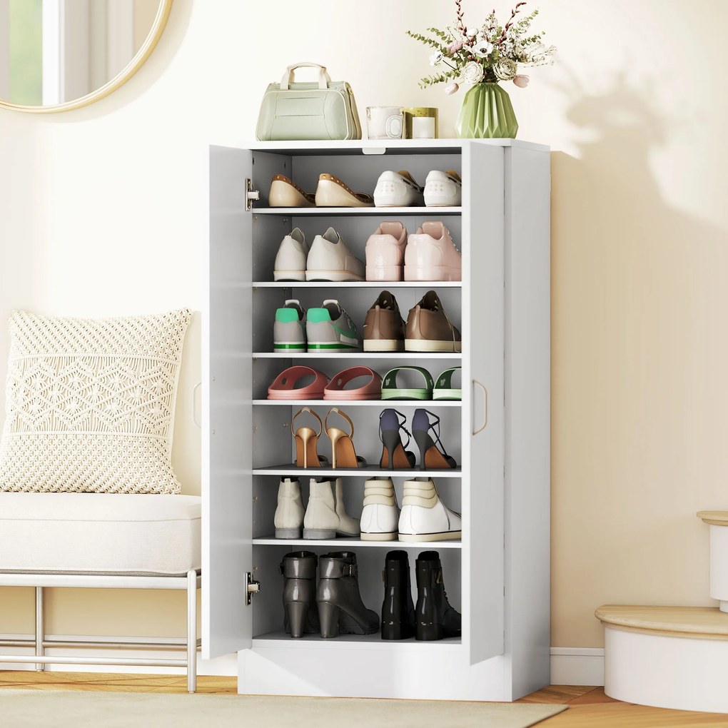 HOMCOM Szafka na buty z cichymi zawiasami, regulowane półki, 6-poziomowy regał na buty do przedpokoju, na 14 par, 55 x 35 x 108 cm, drewno, Biały