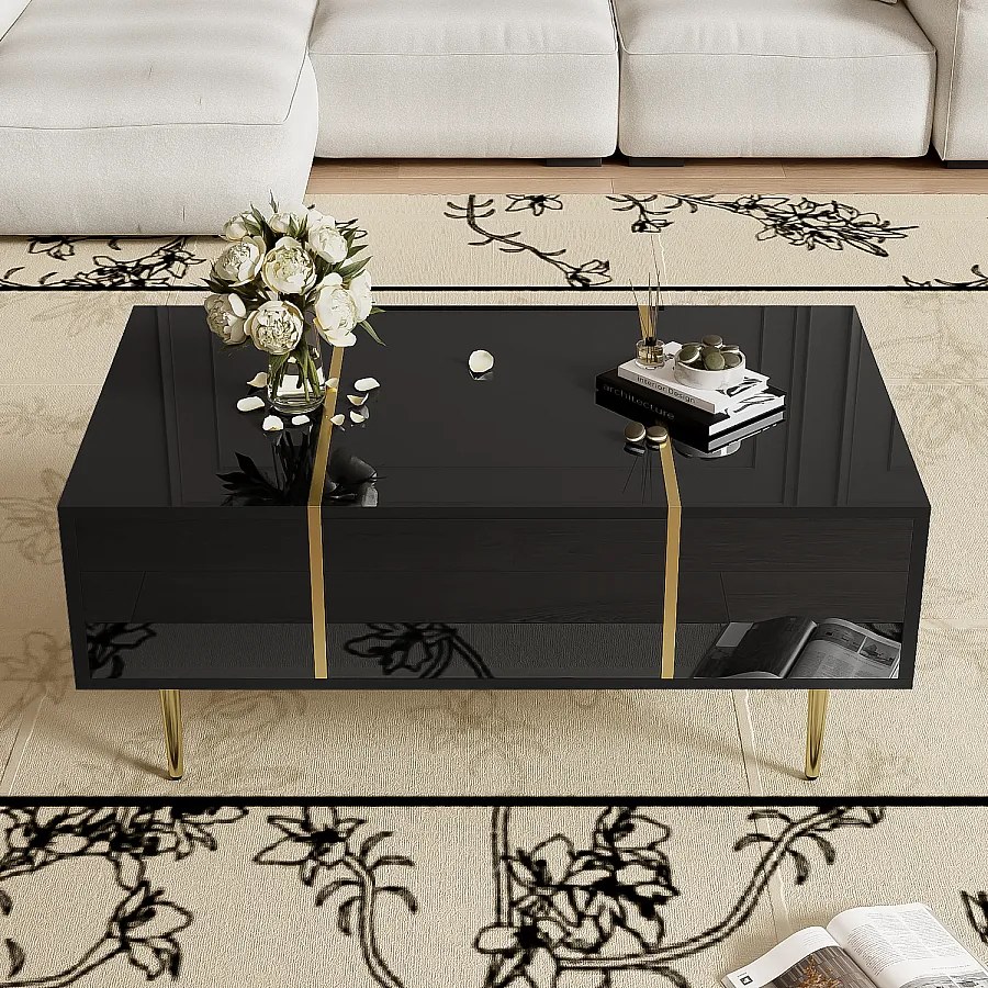 Nowoczesny stolik kawowy z 2 szufladami - 100 dł. x 60 szer. x 41,5 wys. cm - drewno MDF - połysk czarny