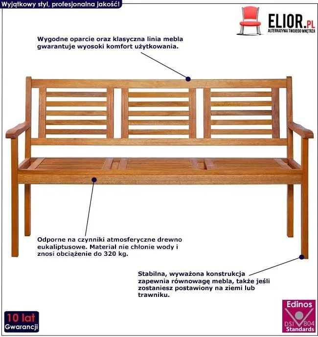 Brązowa drewniana ławka ogrodowa H8-D91