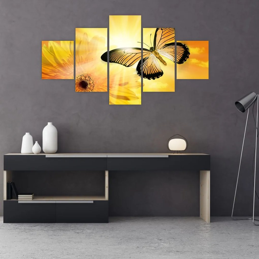 Obraz - Żółty motyl z kwiatkiem (125x70 cm)