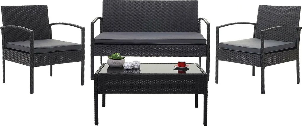 Zestaw polirattanowy MCW-F56 (4-częściowy),  czarny, ciemnoszare poduszki