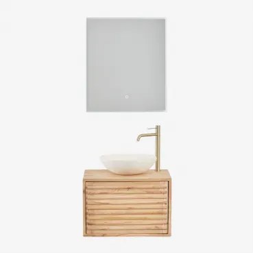 Zestaw Wiszących Mebli Łazienkowych 60x45 Cm Z Drewna Deleyna Naturalna & Cement Okrągły Biały Ø40 Cm Zavion & Prostokątna Lampa Led I Przeciwmgielna