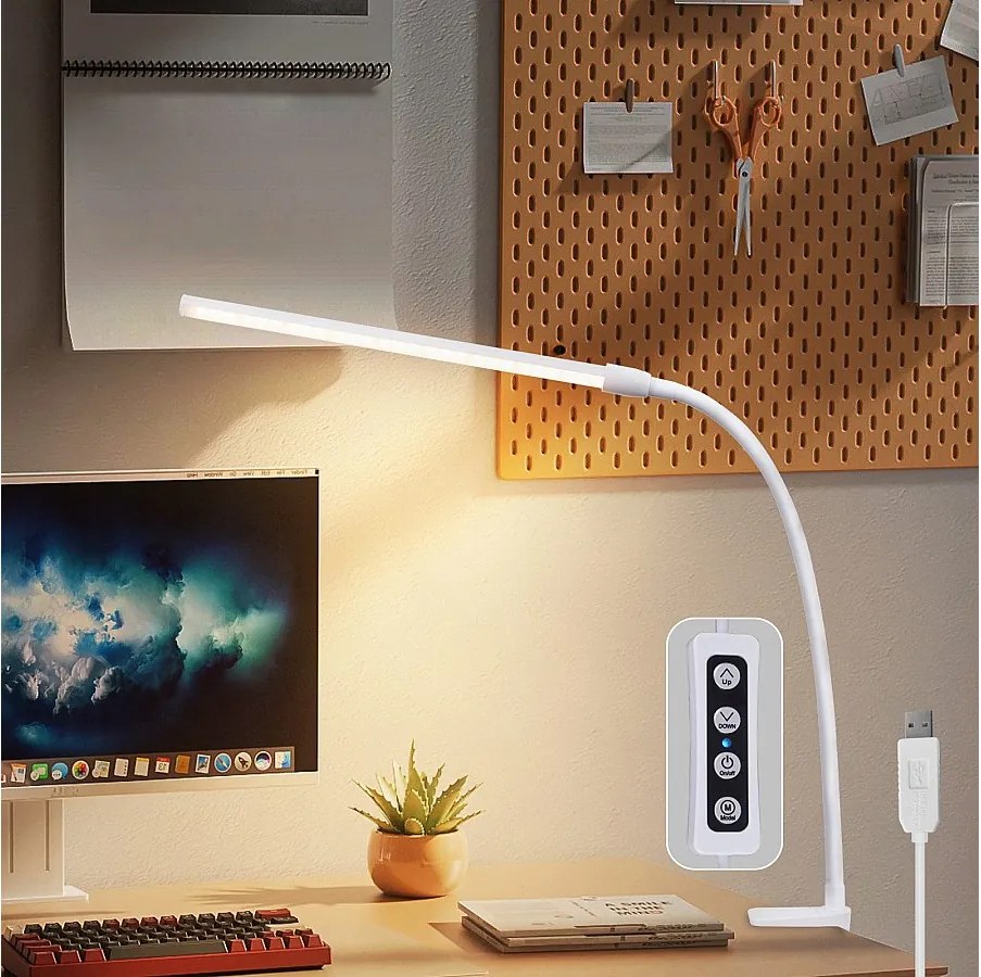 NETTLIFE Lampa biurkowa LED, światło dzienne, biała, zacisk, 3 temperatury barwowe, 5 poziomów jasności, USB, elastyczna, 5 W