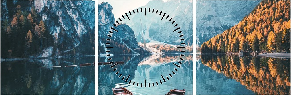 Obraz - Łodzie na jeziorze Braies (z zegarem) (90x30 cm)