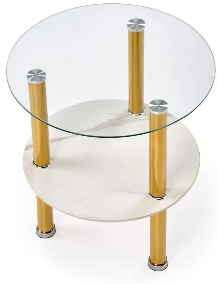 Ława szklana DUCAT 45x45cm biały marmur/transparentna/złota HALMAR
