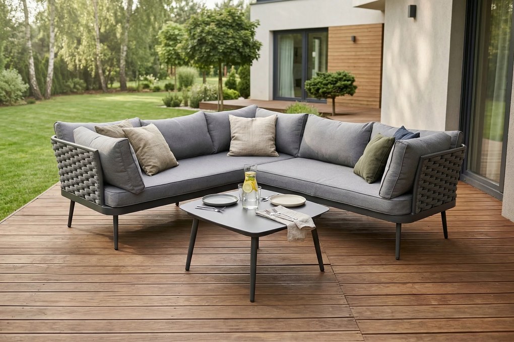 Zestaw mebli ogrodowych szary aluminium narożnik z poduszkami i stolik