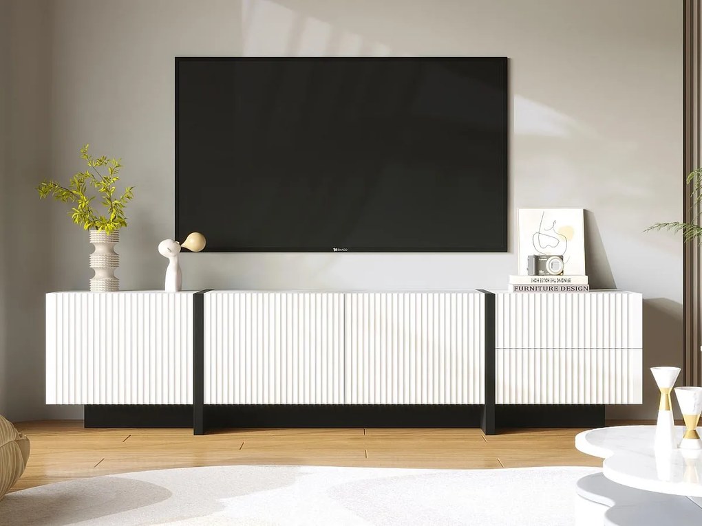Meble TV L 190cm - 3 drzwi 2 szuflady 5 przegród - Biały i Czarny
