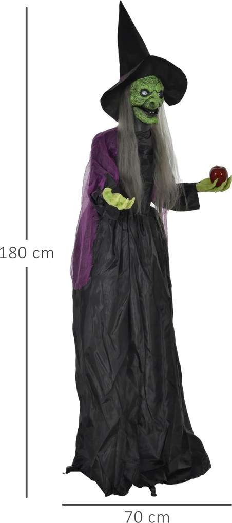 HOMCOM Czarownica z Jadowitym Jabłkiem, Dekoracje Helloweenowe, Straszne Dźwięki, Czerwone Oczy, Ruchome Ramiona, 180 cm