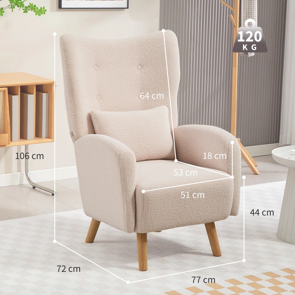 HOMCOM Fotel akcentowy, tapicerowany fotel z futerkiem, poduszka z pianki, fotel typu wingback, Beżowy