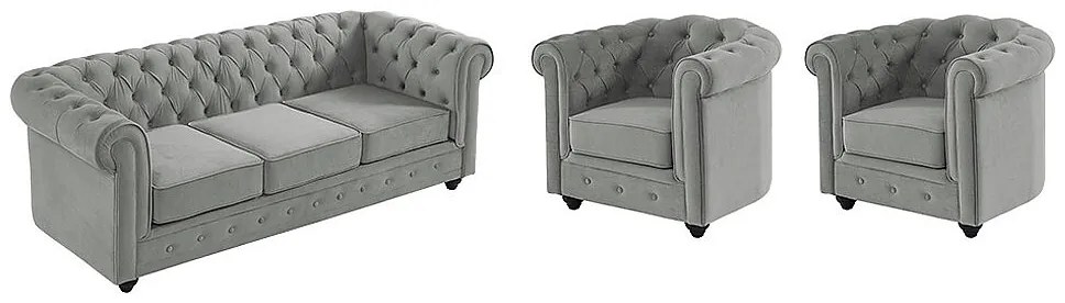 Kanapa 3-osobowa i 2 fotele CHESTERFIELD - Jasnoszary welur