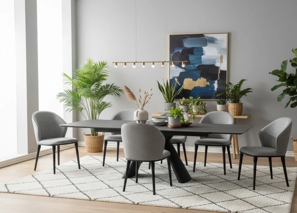 Stylowe krzesło Siena tapicerowane miękką tkaniną w odcieniu szarości. Miękkie siedzisko, zaokrąglone oparcie i metalowe nogi łączą nowoczesny wygląd z wyjątkowym komfortem.