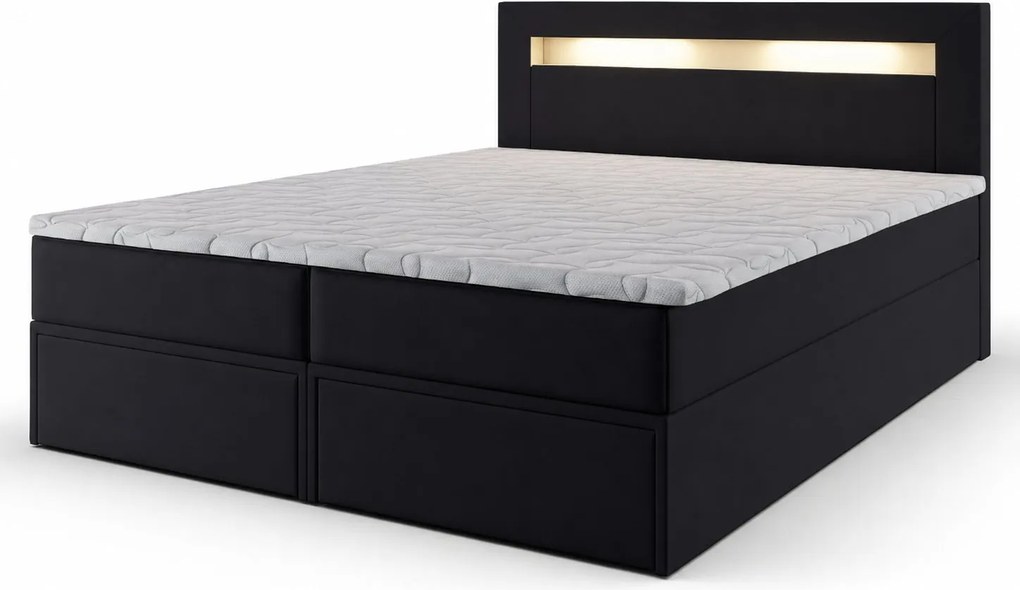 Masseno Łóżko kontynentalne LAND z podświetleniem LED i pojemnikiem na pościel - Czarny - MADRYT 9100 / 180x200 cm / Biały (Ciepły)