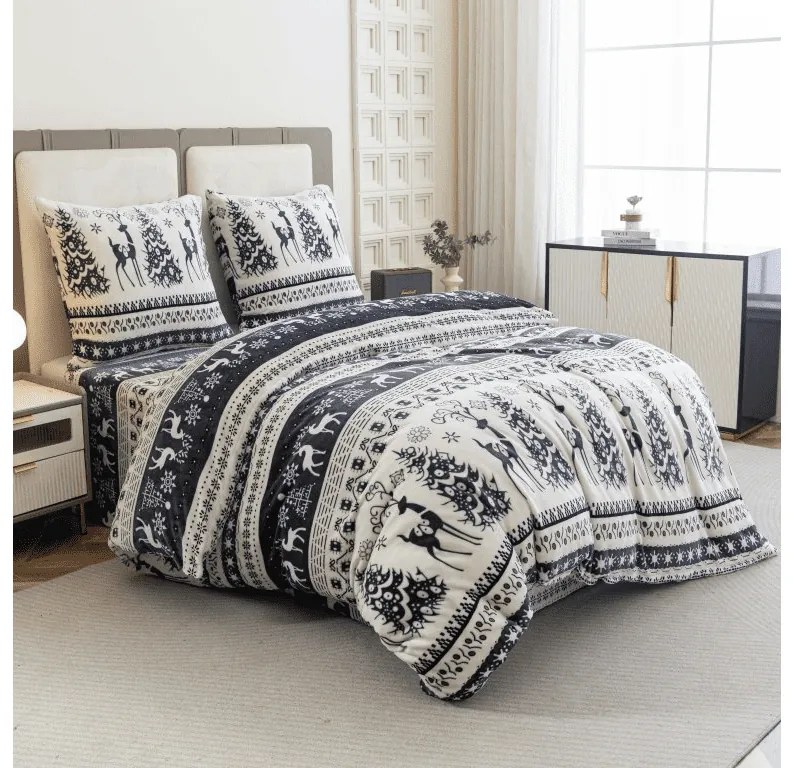 PrzytulneMieszkanie.pl PrzytulneMieszkanie.pl PrzytulneMieszkanie.pl Zestaw pościeli z mikropluszu WINTER DEER szare + prześcieradło z mikropluszu SOFT 90x200 cm białe, pojedyncze łóżko