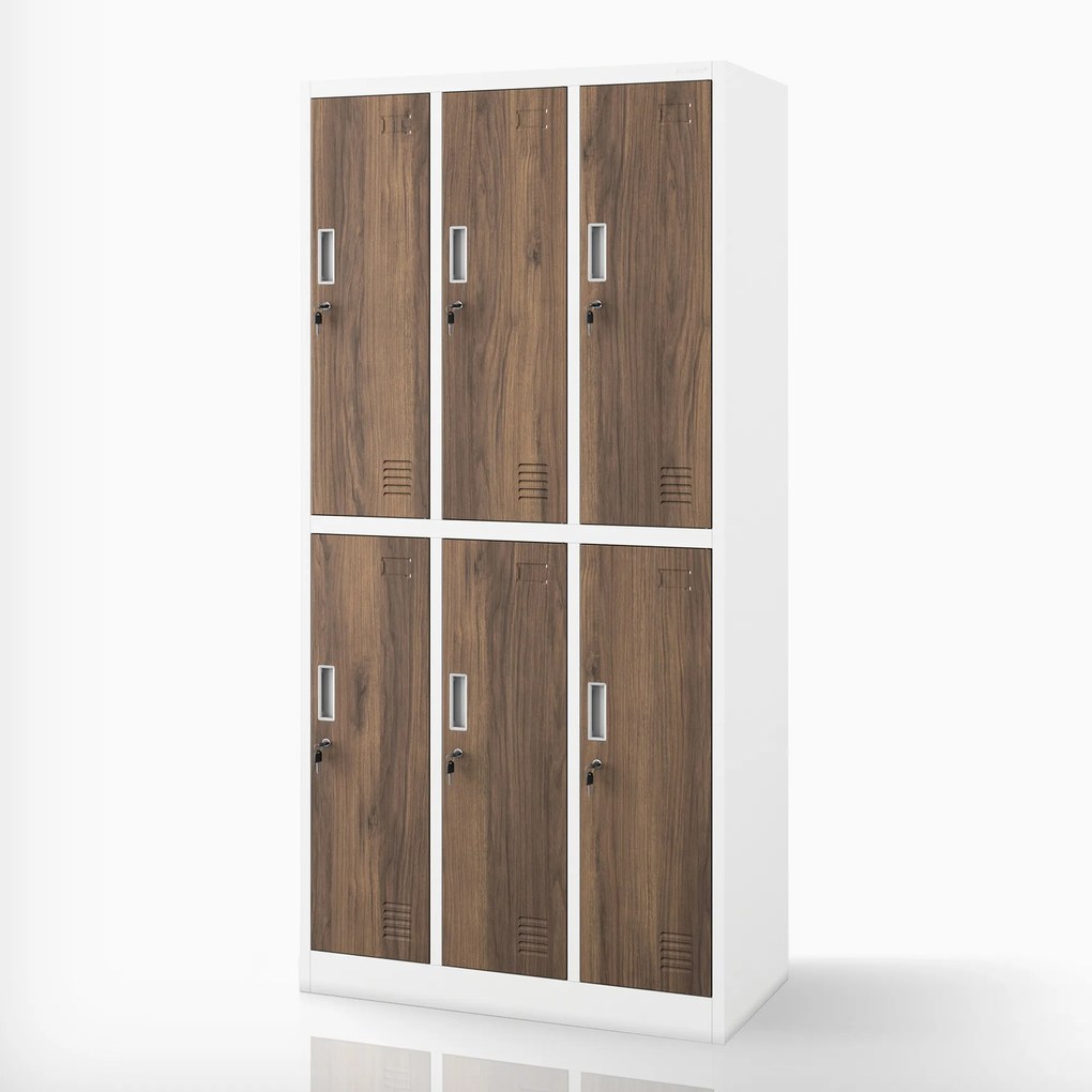 Szafka socjalna ubraniowa BHP biała / orzech 6-drzwiowa: Eco Design IGOR, 900 x 1850 x 450 mm