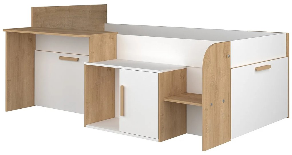 Łóżko piętrowe 90 x 200 cm z biurkiem i schowkami - Biały i naturalny + Stelaż + Materac - PEDRO