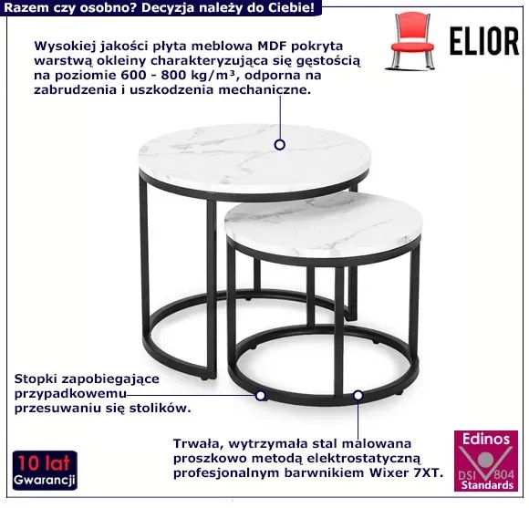 Zestaw nowoczesnych okrągłych stolików biały marmur - Kendal