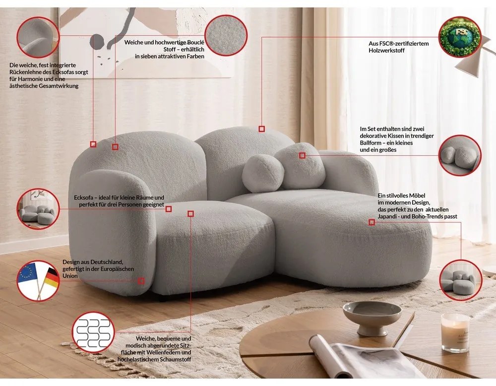 Szary narożnik z materiału bouclé (prawostronny/z szezlongiem) Orbit – Ropez