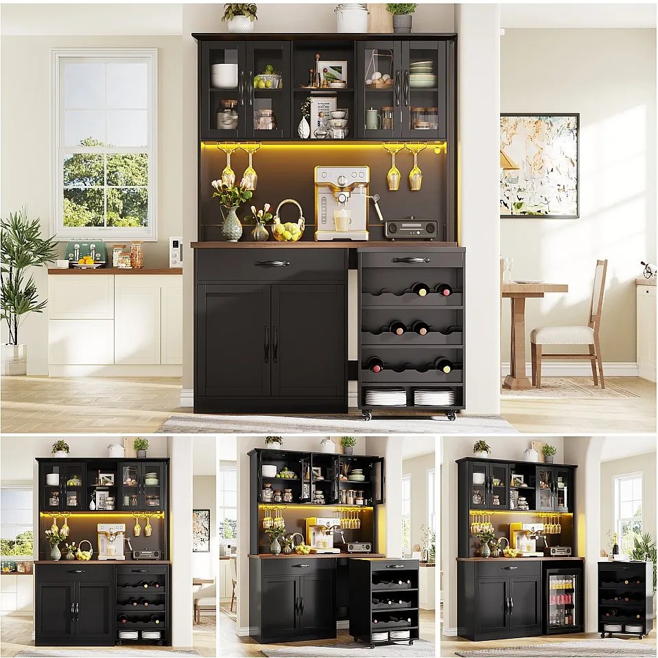 Wysoka komoda kuchenna - 140 x 38 x 180 cm - z szufladą + drzwi + oświetlenie LED + wózek na kółkach - MDF - czarna