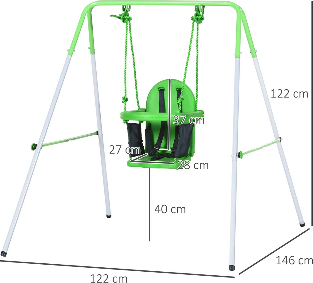 Outsunny Huśtawka dla dzieci, dla 6-36 miesięcy, Poręcz bezpieczeństwa, Pasek bezpieczeństwa, Stalowy stelaż, 122 x 146 x 122 cm, Zielony